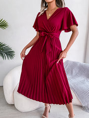 High Waist Pleated Maxi Dress Tie Up Ruffled Sleeve Loose Dress