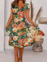 Floral Print V Neck Stretch Dress