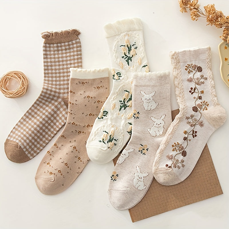 5 Pairs Floral Print Socks Comfy & Ruffle Women's Stockings
