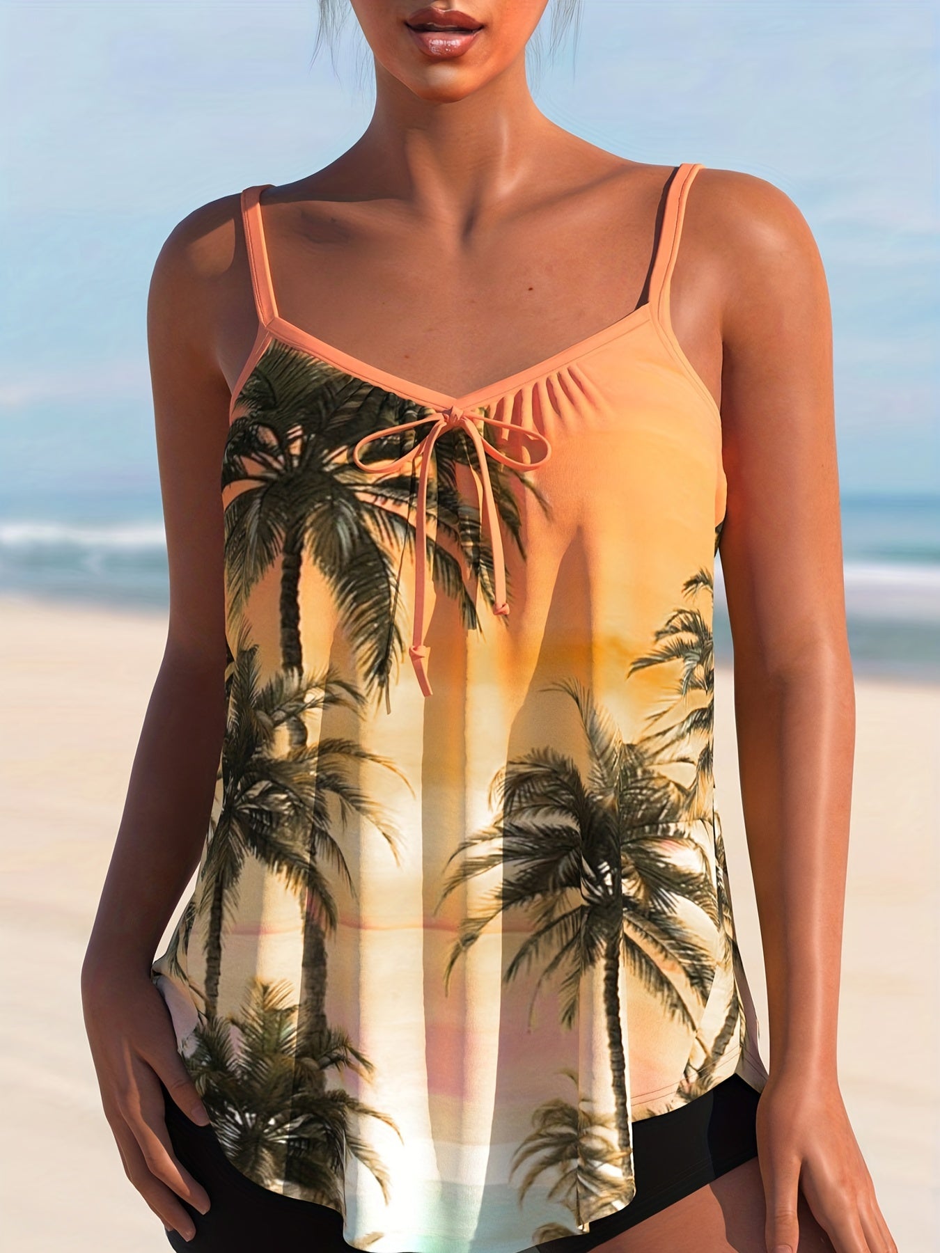 Tropical Print Tie Front V Neck Cami Top & Shorts Swimsuit Set