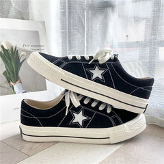 Women's Star Pattern Canvas Shoes Low Top Lace Up Round Toe Flat Casual Shoes