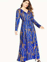 Women's Plus Chain Print Long Sleeve V Neck Maxi Dress