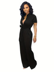 Casual Plunging Jumpsuit - Tie Waist - Long Length