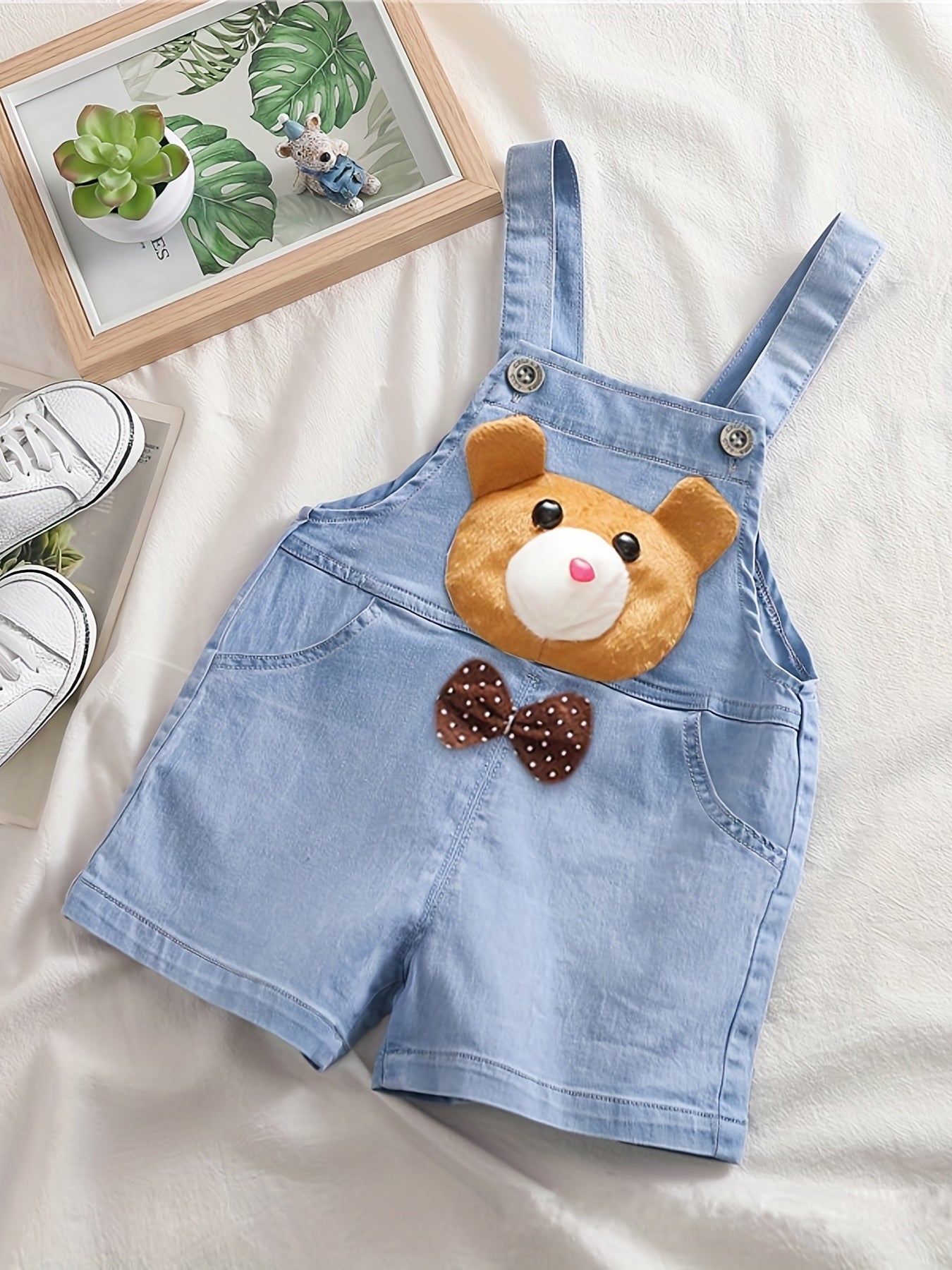Bear Embroidered Suspender Shorts with Pockets for Kids