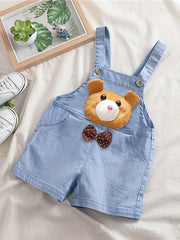Bear Embroidered Suspender Shorts with Pockets for Kids