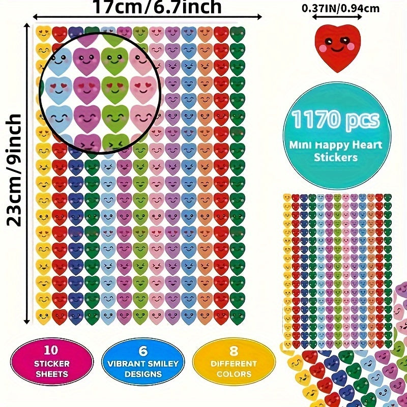 1170 Pcs Happy Heart Stickers Colorful Self Adhesive Love Labels