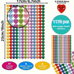 1170 Pcs Happy Heart Stickers Colorful Self Adhesive Love Labels