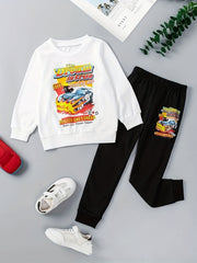 Boy's Car Pattern Outfit 2pcs Sweatshirt & Sweatpants Set Spring Fall