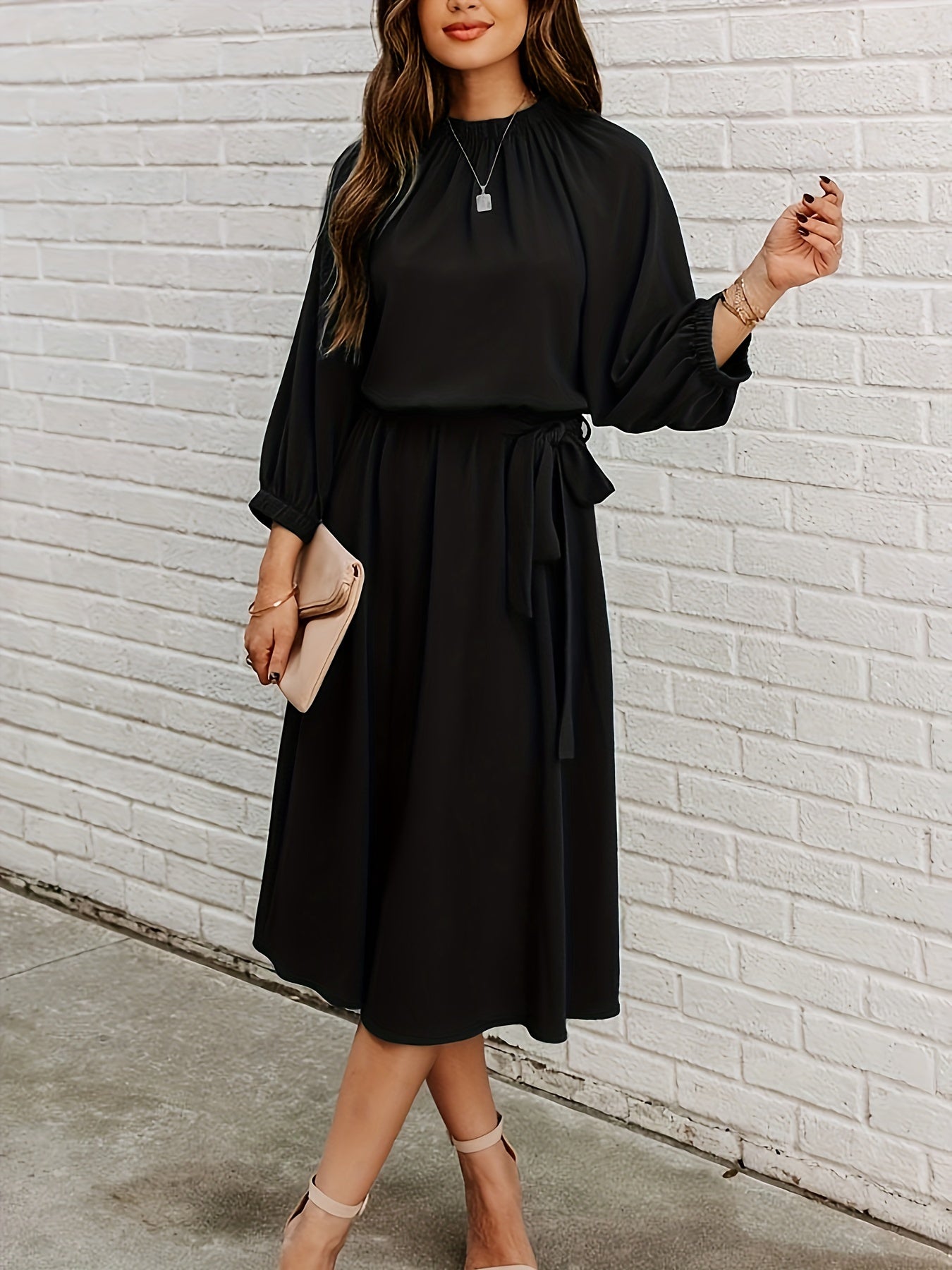 Women's Plus Solid Lantern Sleeve Midi Dress With Belt