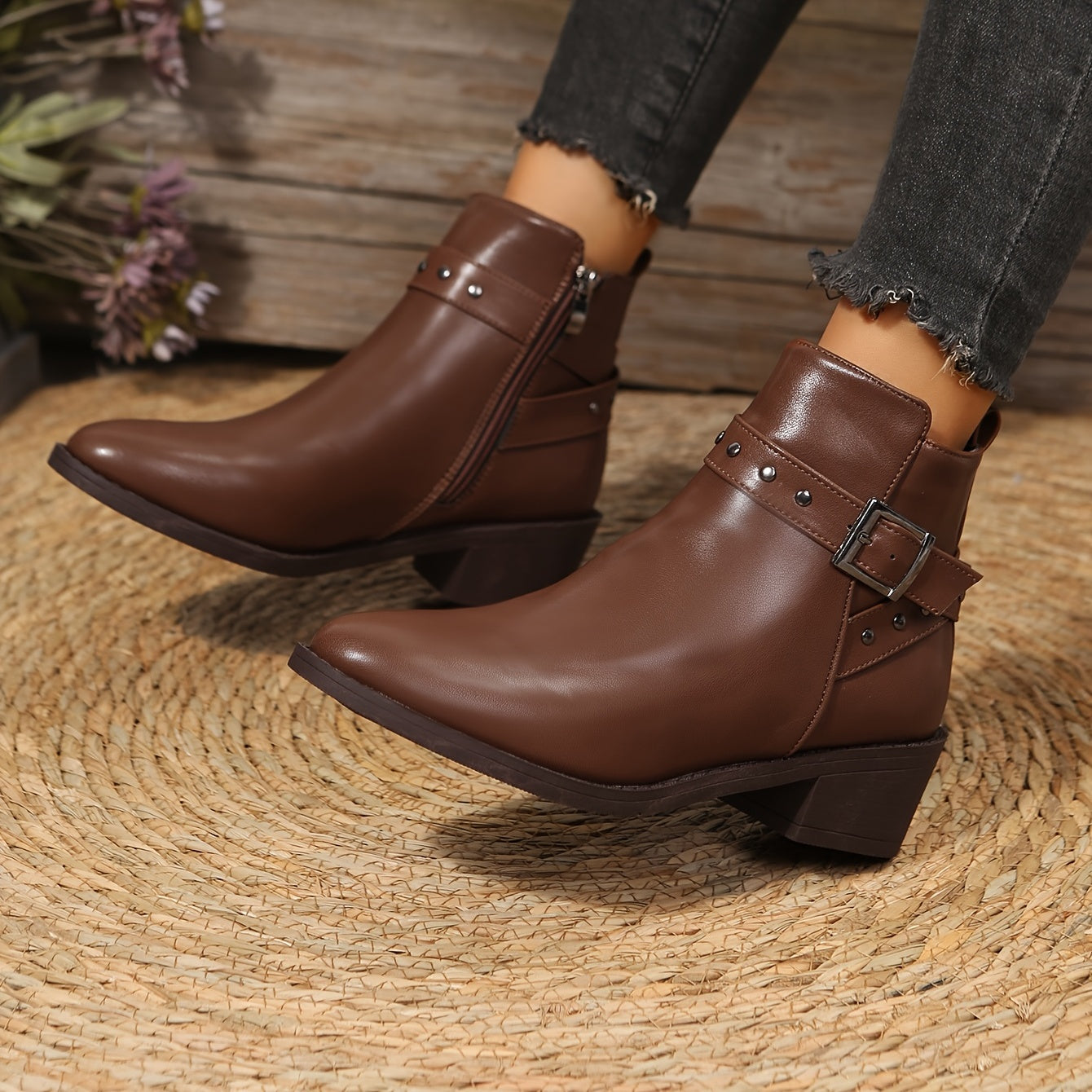 Women's Chunky Heel Ankle Boots Dark Brown Metal Buckle Short Boots