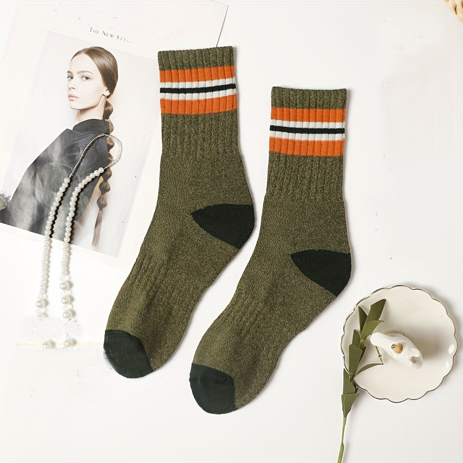 5 Pairs Colorblock Striped Socks Crew Sports Stockings
