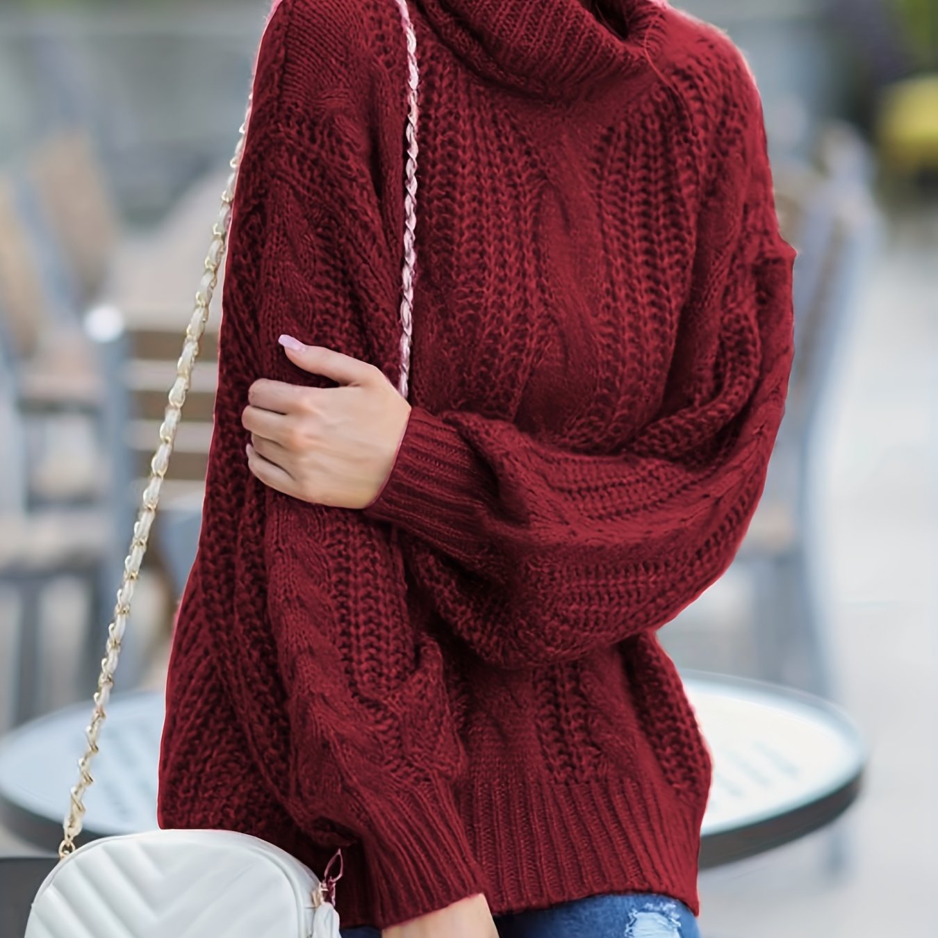 Solid Cable Lantern Sleeve Turtle Neck Sweater