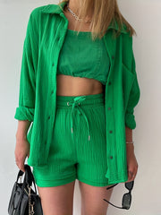 Solid Pocket Matching Set Long Sleeve Shirt & Drawstring Shorts