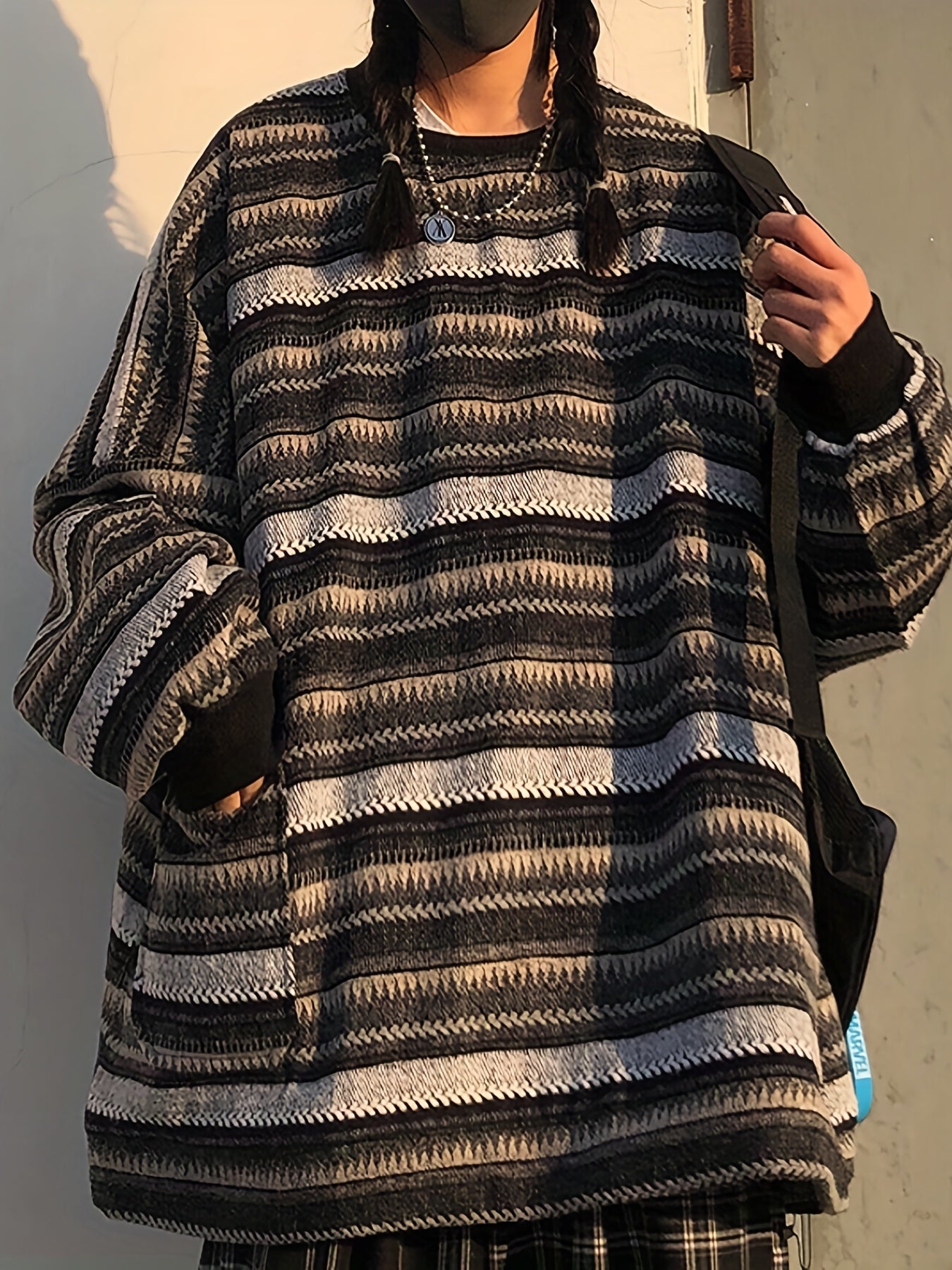 Striped Drop Shoulder Sweatshirt Casual Crew Neck Pullover
