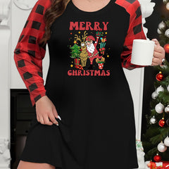 Christmas Lounge Dress Elk & Santa Graphic Plaid Raglan Sleeve Nightdr