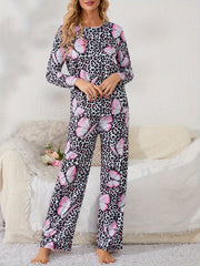 Butterfly Print Leopard Pajama Set Long Sleeve Top & Pants