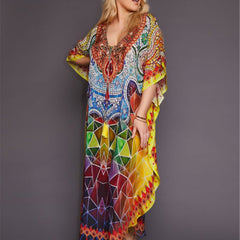 Colorful Graphic Print Kaftan Dress Loose V Neck Maxi Vacation Dress