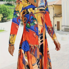 Retro Dress Women's Plus Random Print Long Sleeve V Neck
