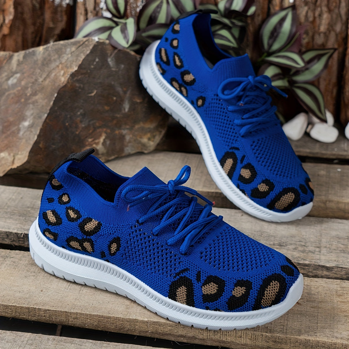 Leopard Printed Knit Sneakers Lace Up Round Toe Soft Sole Flatform Shoes