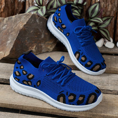 Leopard Printed Knit Sneakers Lace Up Round Toe Soft Sole Flatform Shoes