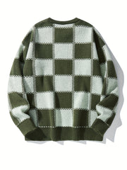 Men's Checkerboard Knitted Sweater for Fall and Winter