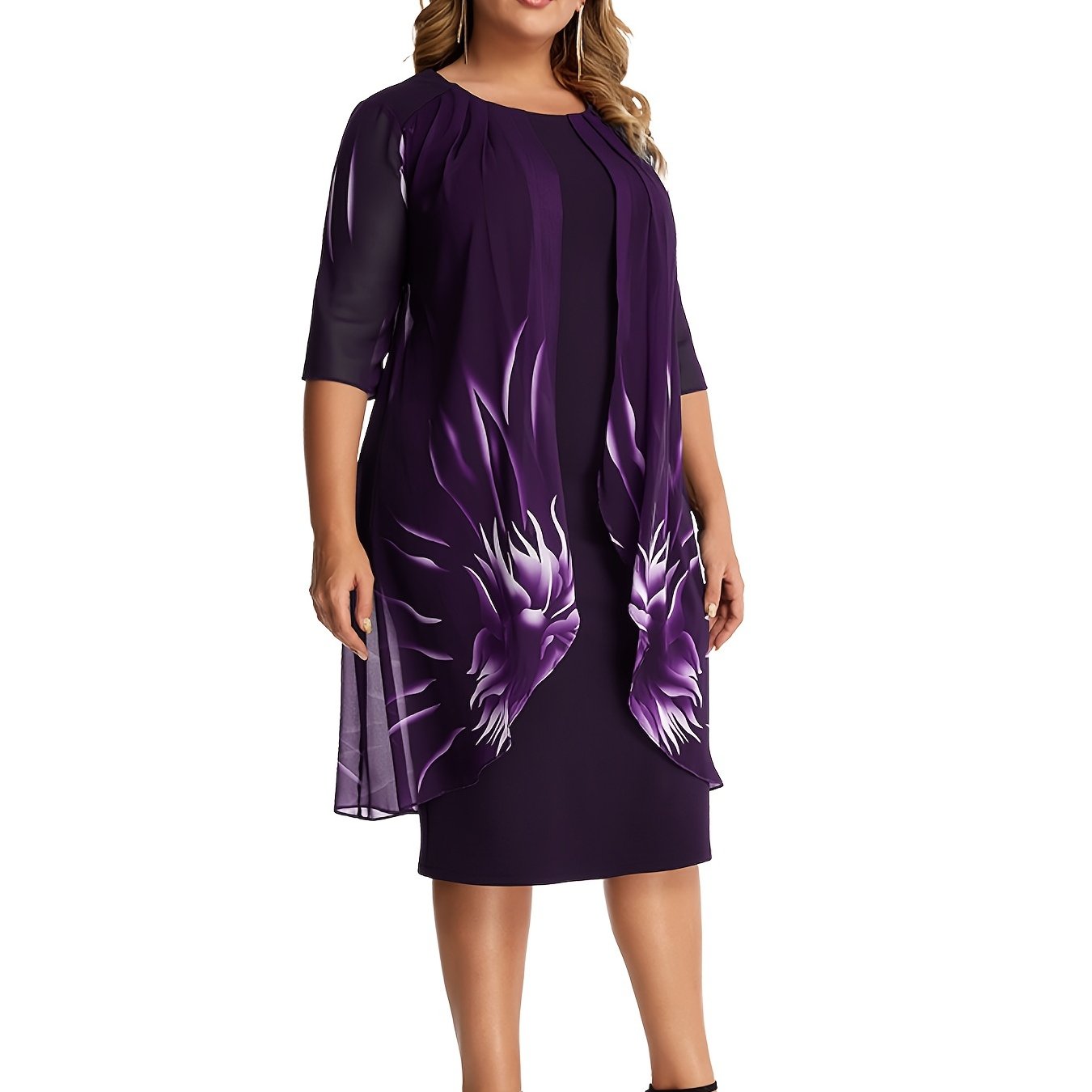 Mesh Floral Print Half Sleeve Midi Dress Women's Plus Medium Stretch