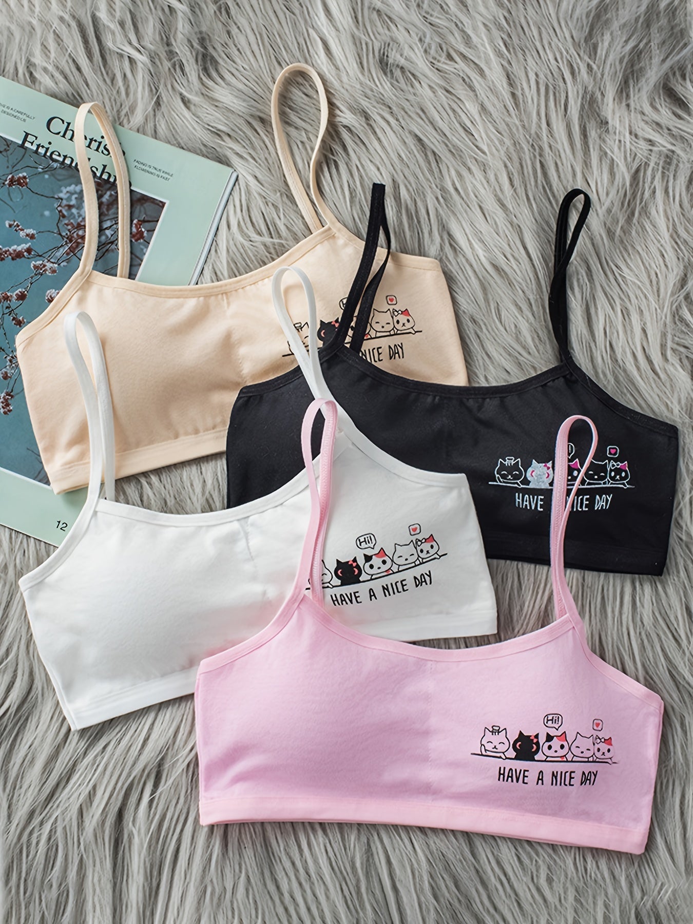 4pcs Girls Cat Print Stretchy Bralette Underwear