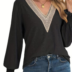 Colorblock Lace Lantern Sleeve V Neck Top