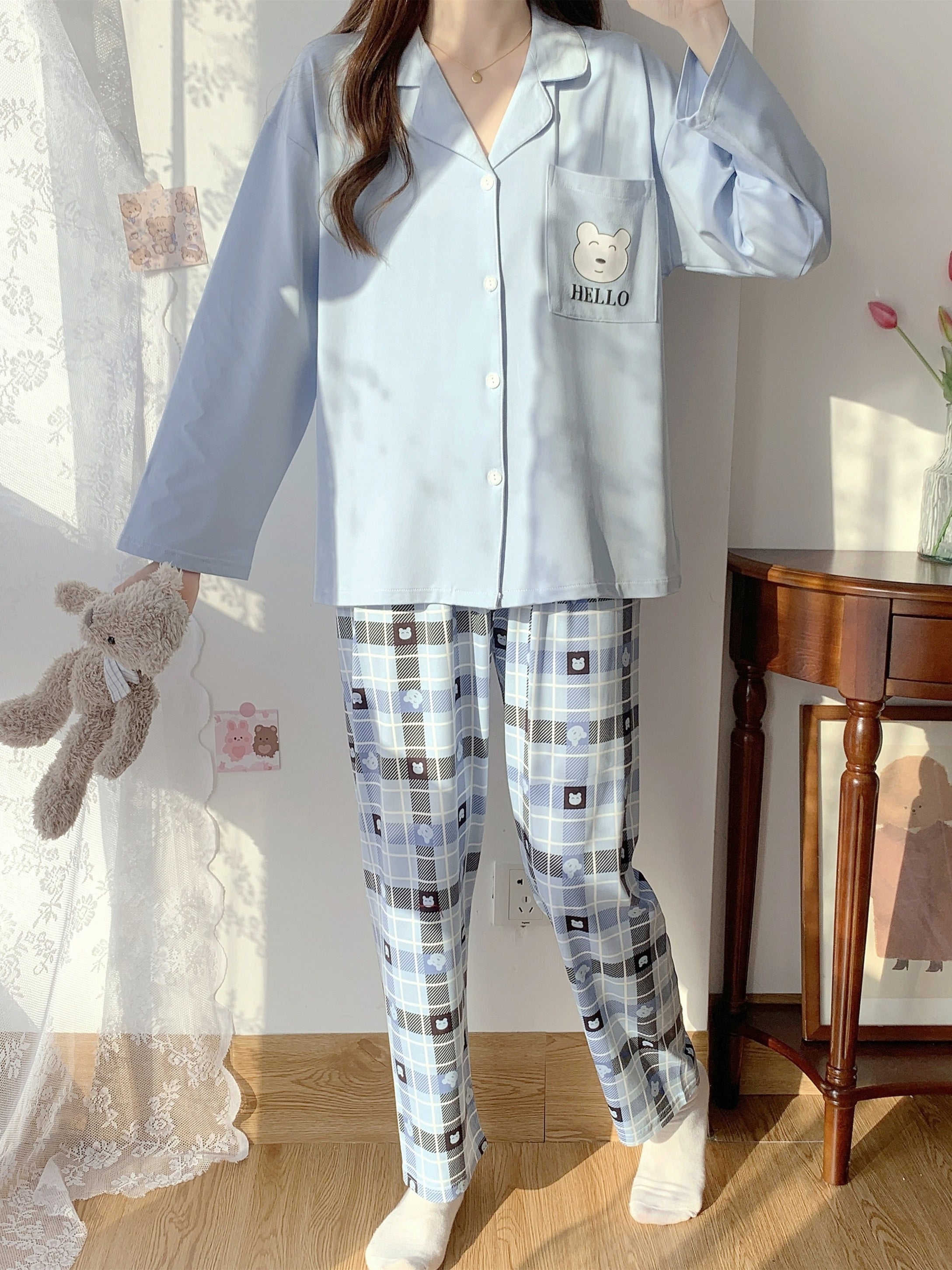 Women's Plaid Loungewear Set Long Sleeve Top & Pants