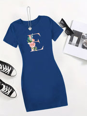 E Print Tee Dress Short Sleeve Crew Neck Casual Dress