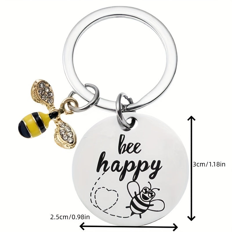 Bee Keychain Pendant Stainless Steel Inspirational Keyring Charm Ornament