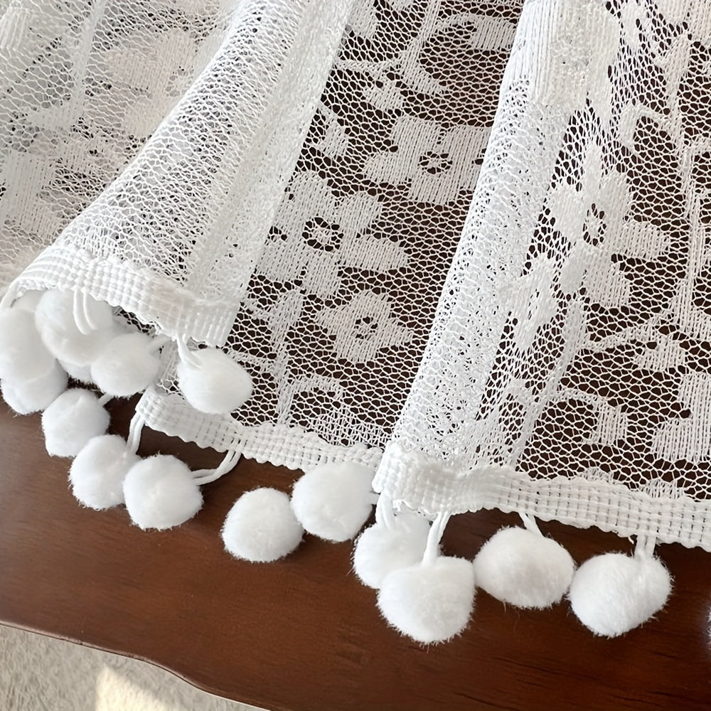 Short Sheer Floral Curtain with Pom Poms - Home Decor