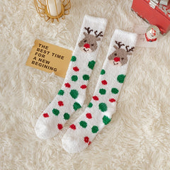 Christmas Print Calf Socks Fuzzy Knee High Socks Women's Stockings