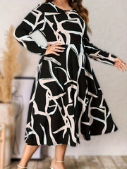 Abstract Stripe Print Long Sleeve A line Dress