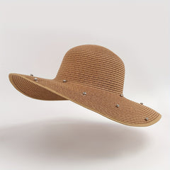 Rhinestone Decor Wide Brim Straw Bucket Hat
