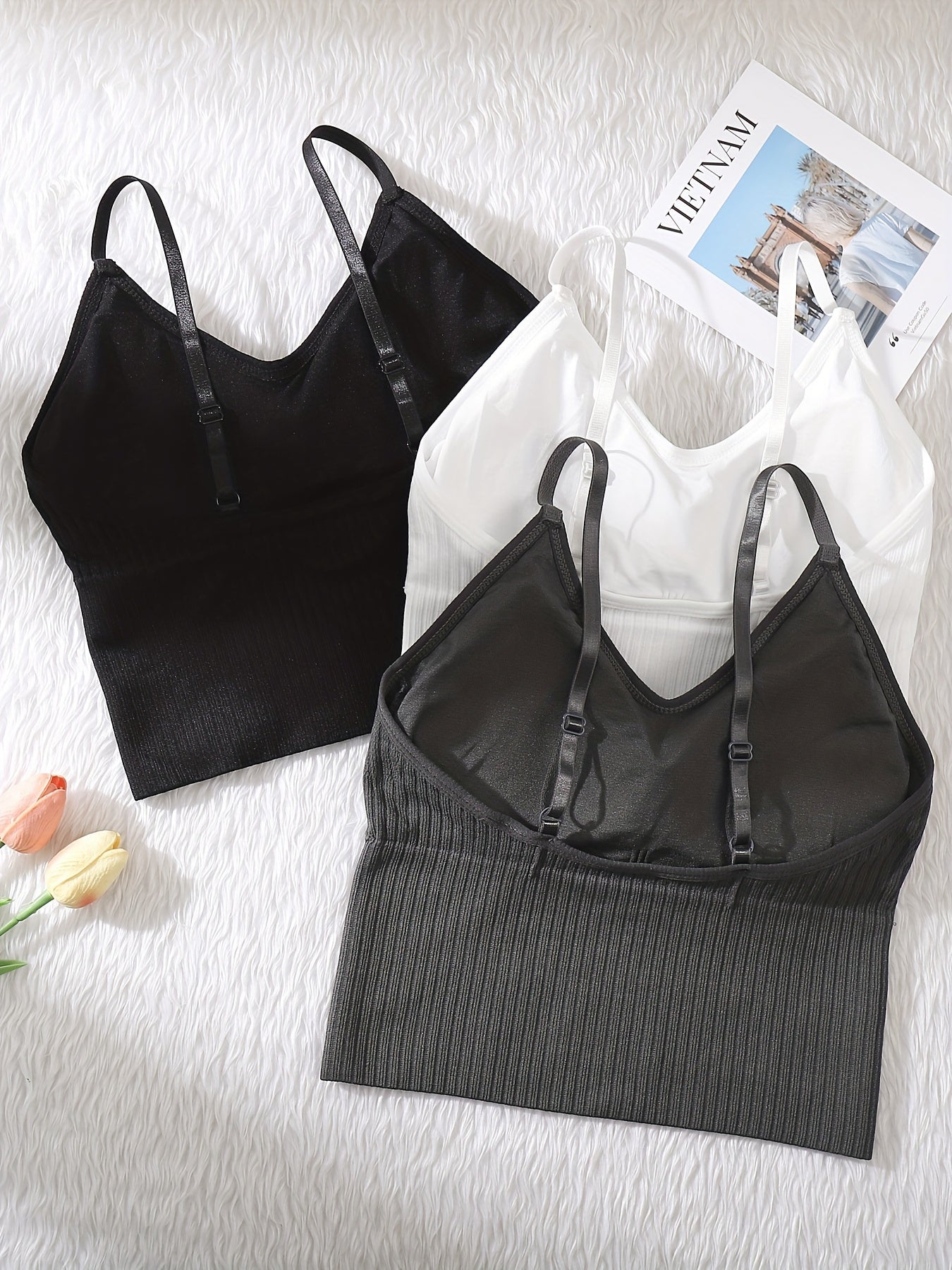 3pcs Ribbed Cami Tops V Neck Sleeveless Casual & Comfy