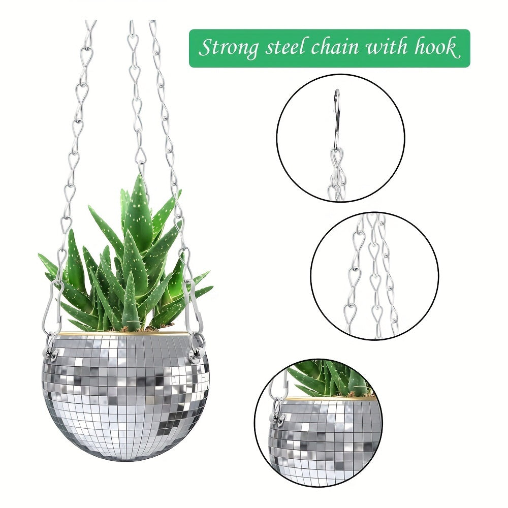 Slivery Disco Mirror Ball Planter With Chain Plant Hanger