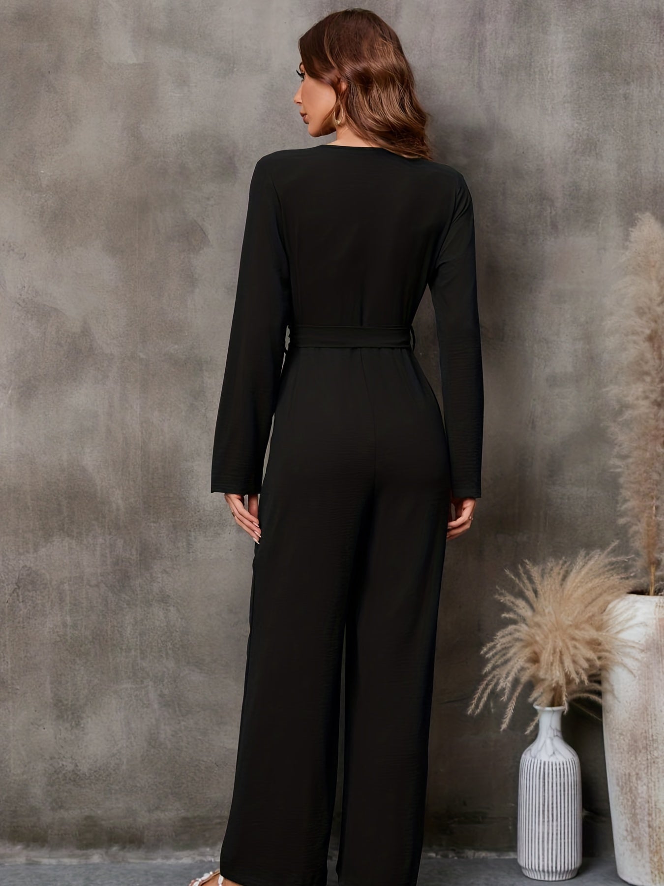 Lace V Neck Jumpsuit Long Sleeve Belted