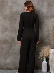 Lace V Neck Jumpsuit Long Sleeve Belted