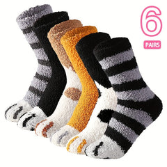 6 Pairs Men's Cartoon Claw Crew Socks Plush Warm Thermal Comfy Unisex Socks