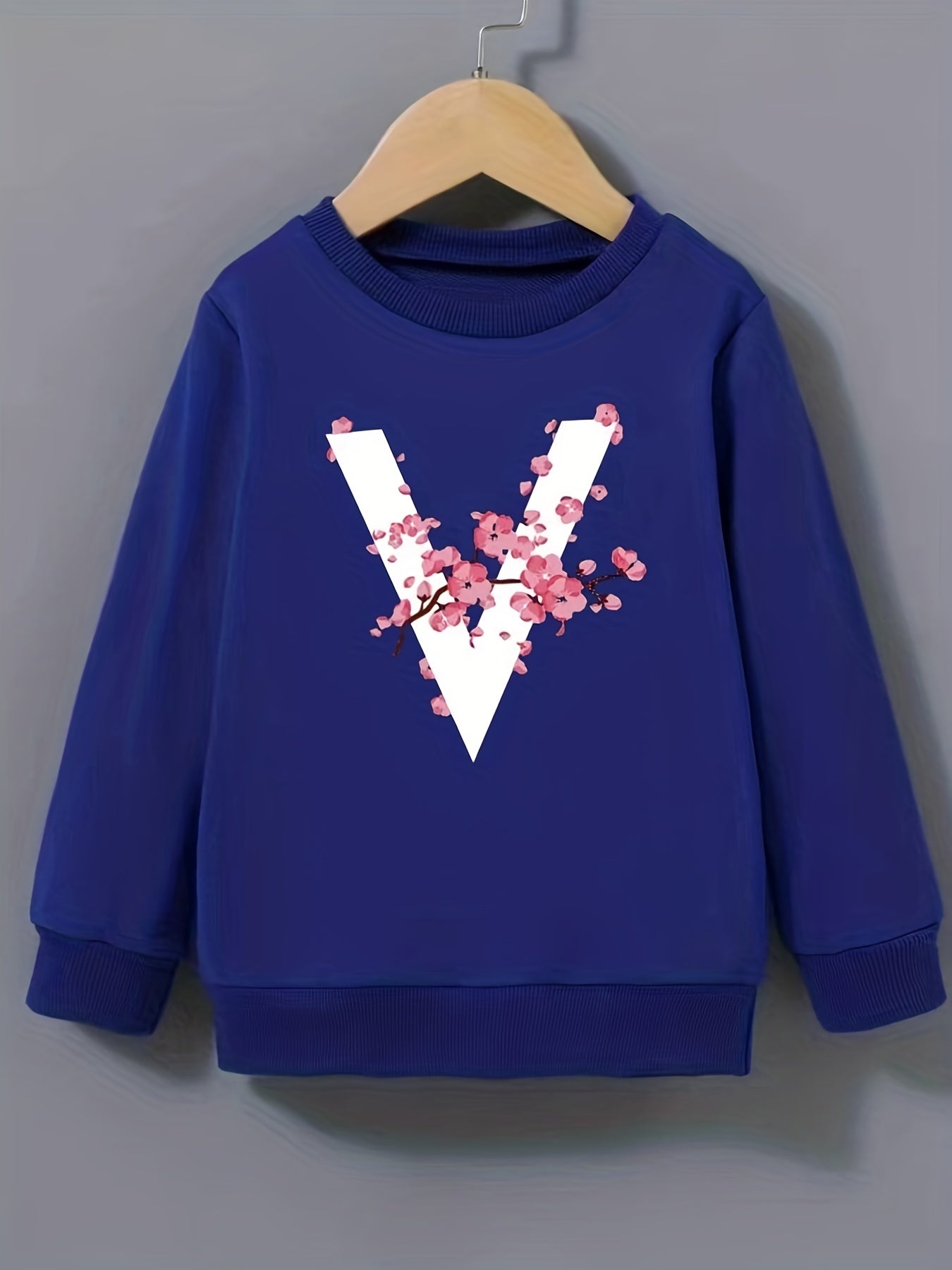 Blossoms & "V" Alphabet Pattern Sweatshirt For Girls