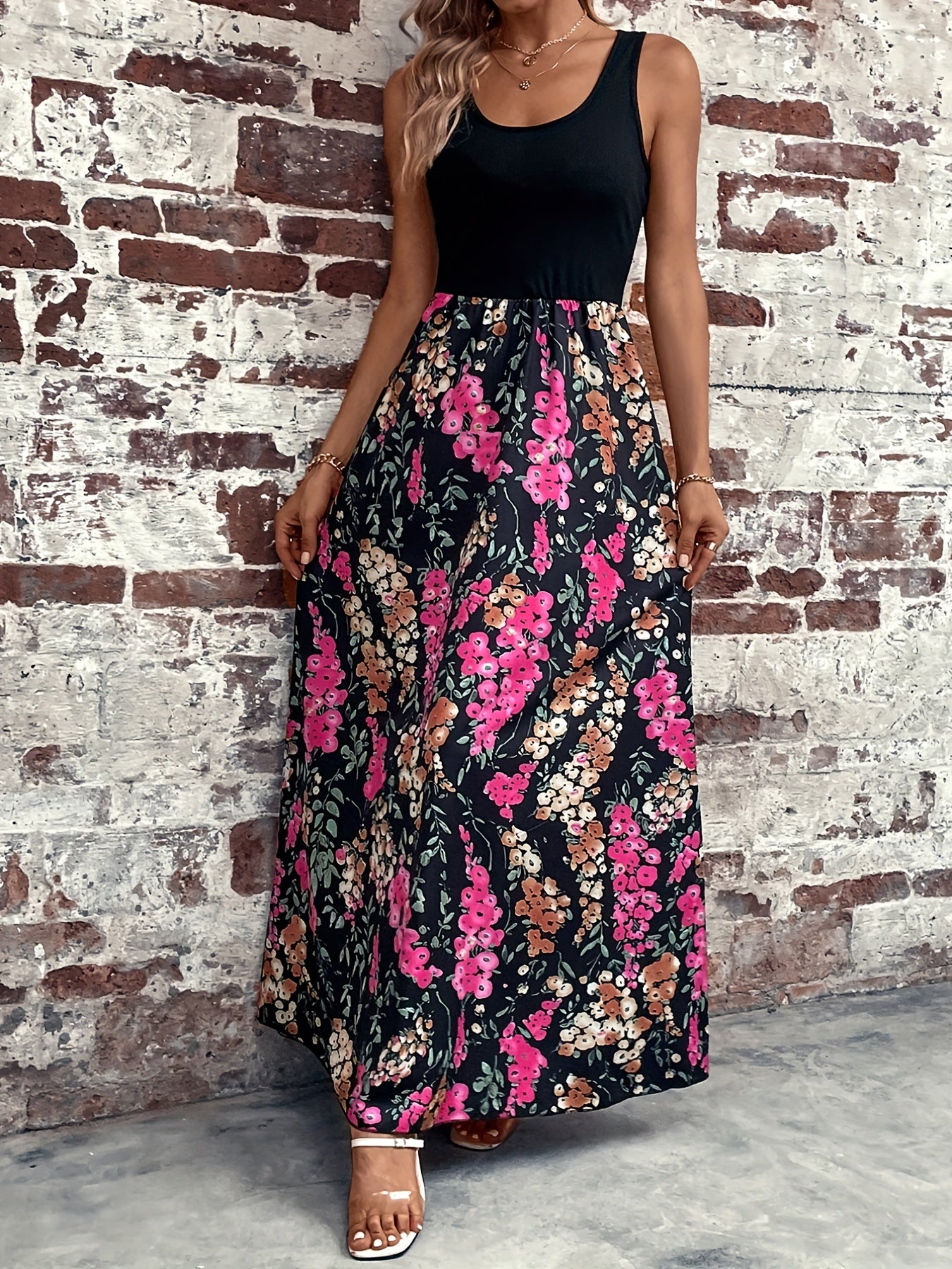 Floral Print Splicing Tank Dress Sleeveless Maxi Dress Women's Clothing