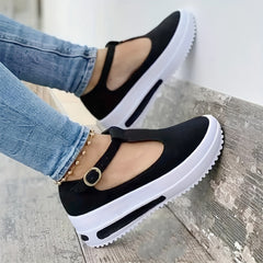 Women's T-Strap Wedge Shoes - Casual & Comfortable Platform Sneakers