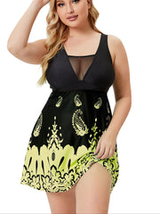 Graphic Print Mesh Tankini Set Plus Size Women's Swimsuit Set 2pcs
