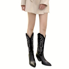 Embroidered Cowboy Boots Point Toe Chunky Heel Slip On Western Boots