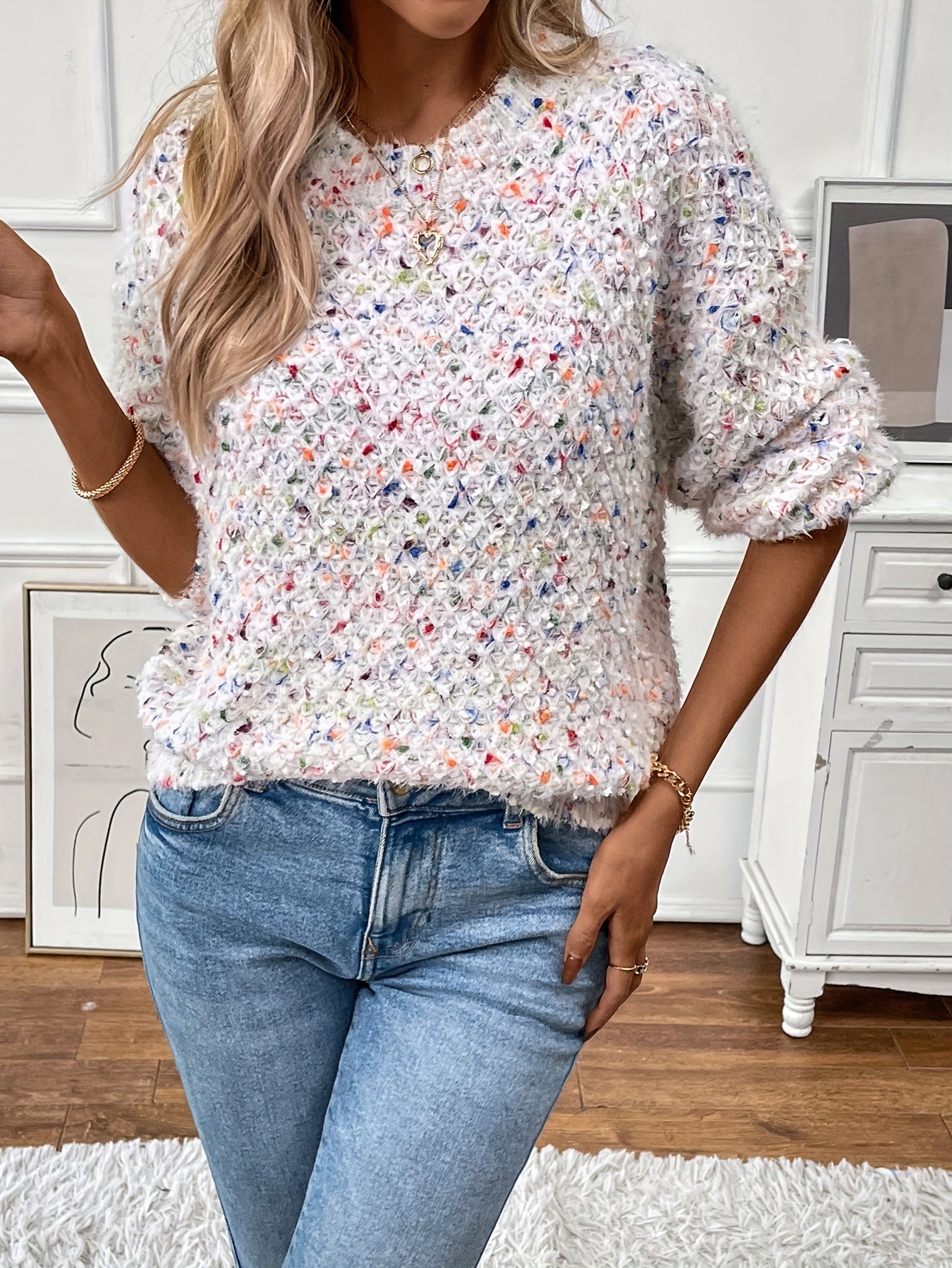 Dot Crew Neck Pullover Sweater for Fall & Winter Women's Clothing