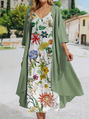 Spring & Summer Two-piece Set: Solid Open Front Coat & Floral Print Cami Dress