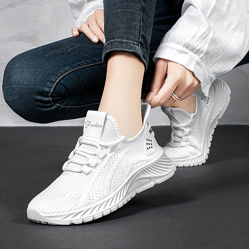 Women's Solid Knit Sneakers Lace Up Low Top Mesh Sports Shoes