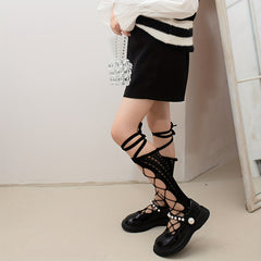 Girls Hollow Mesh Mid Tube Socks Lolita Princess Strap Fishnet Stockings