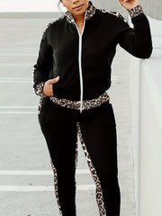 Leopard Print Zip Up High Neck Top & Pants 2 Piece Set